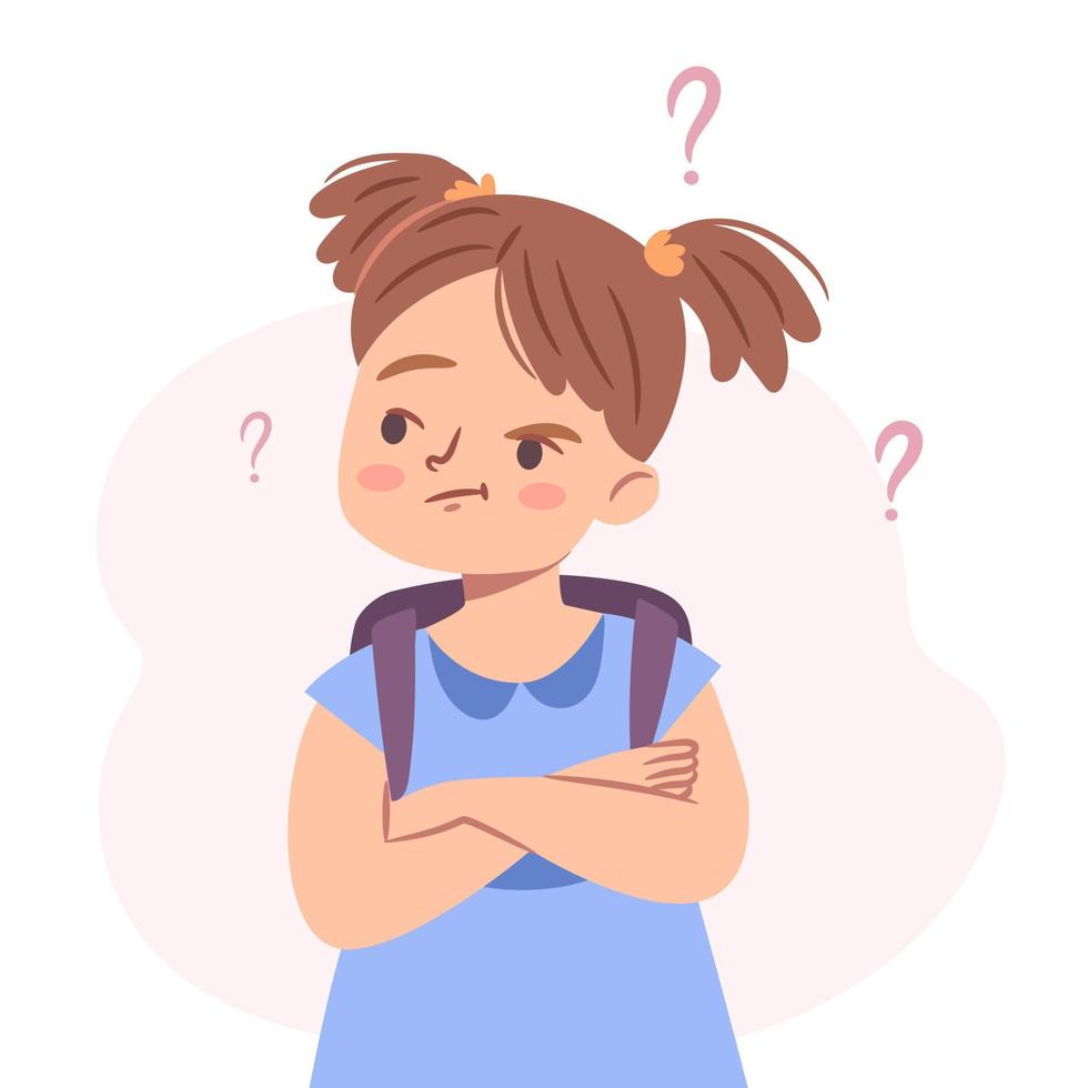 Cute confused little girl. Isolated young girl standing in doubt, thinking of dilemma. Puzzled kid with a backpack. Flat character vector illustration.