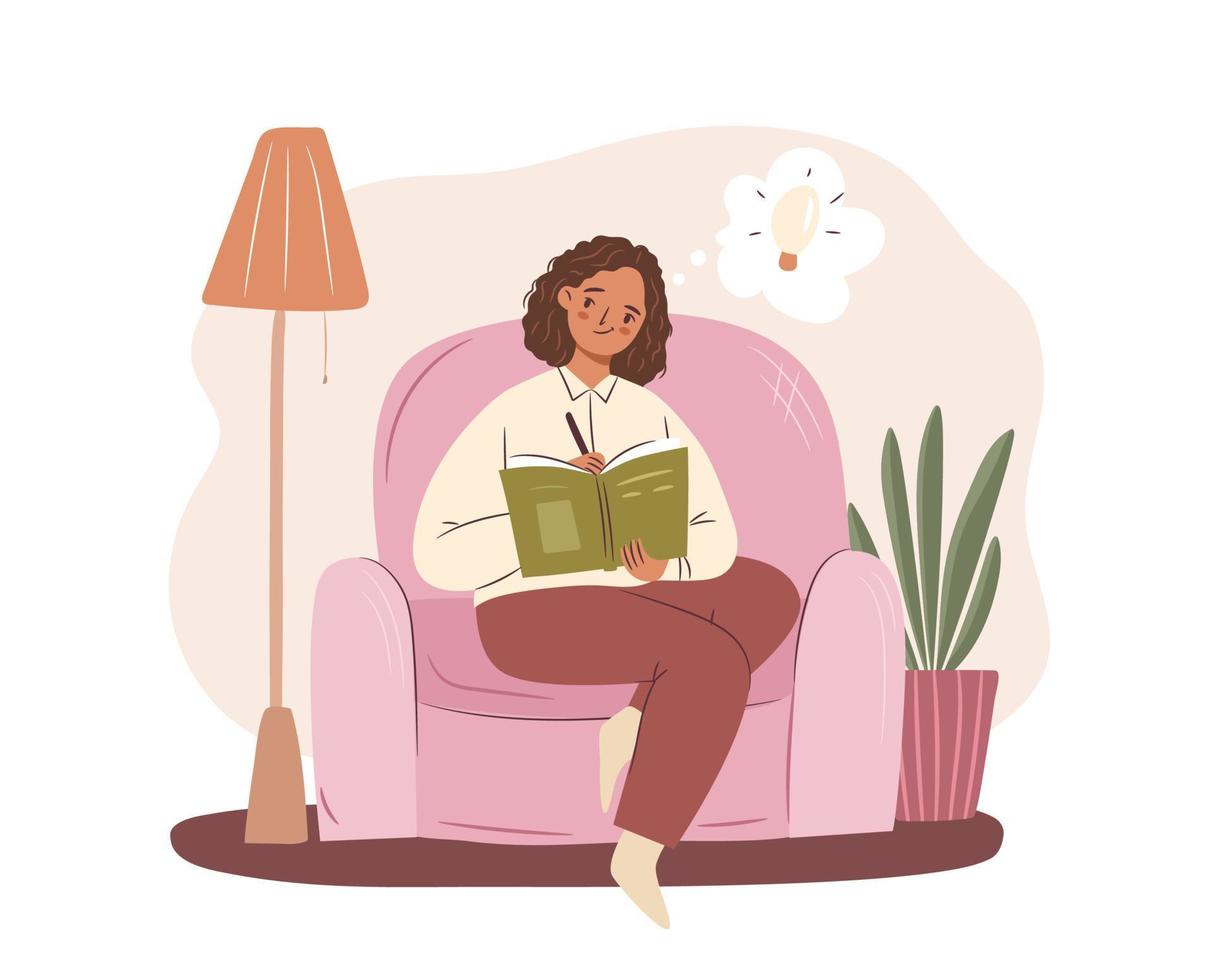 Woman writing sitting in armchair concept. Afro american girl having an idea. Cozy home scene with armchair, plant, lamp. Flat vector illustration