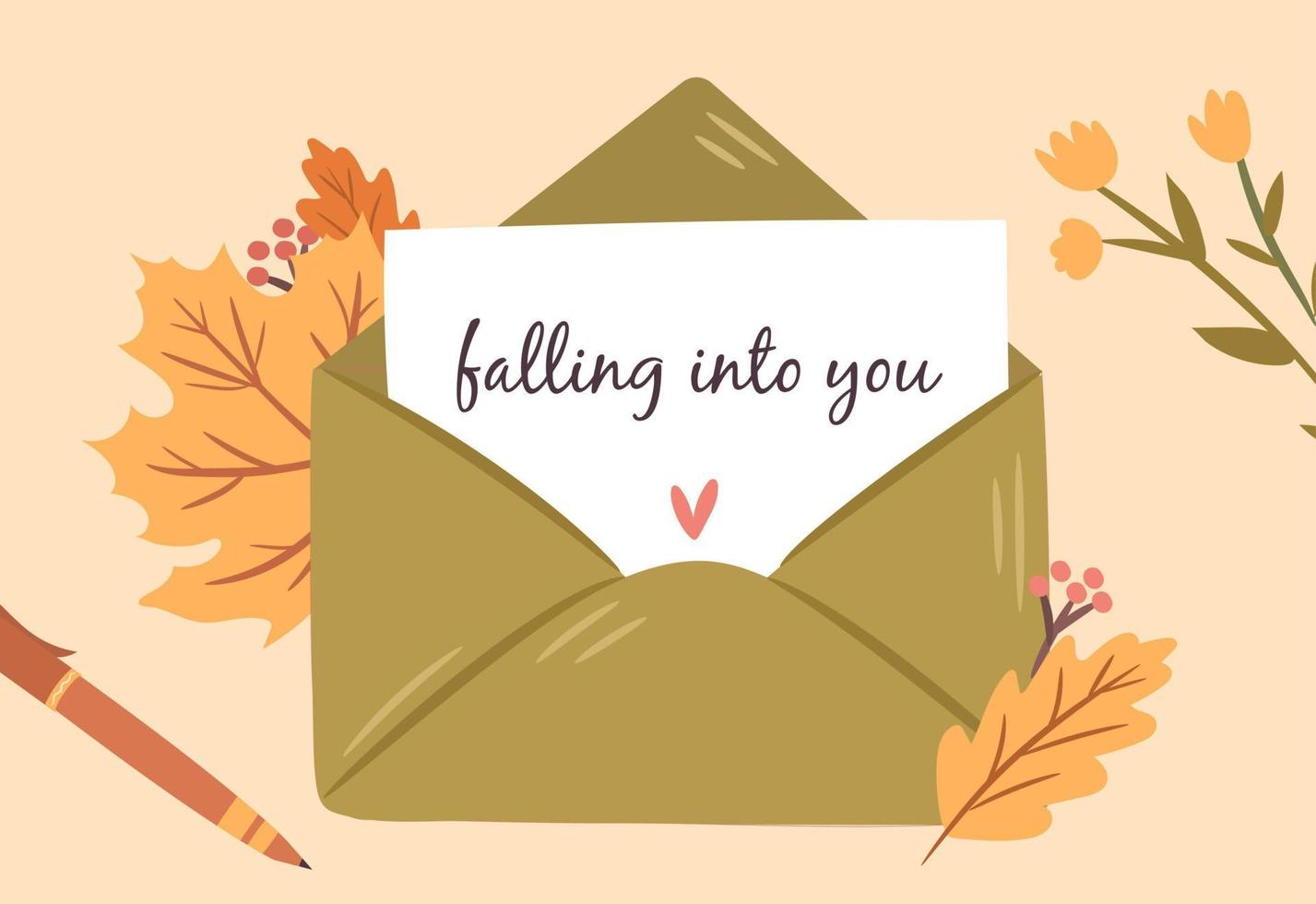 18Autumn post with leaves composition. Love letter in envelope decorated with Fall season elements and pen. Vector flat illustration hand drawn.