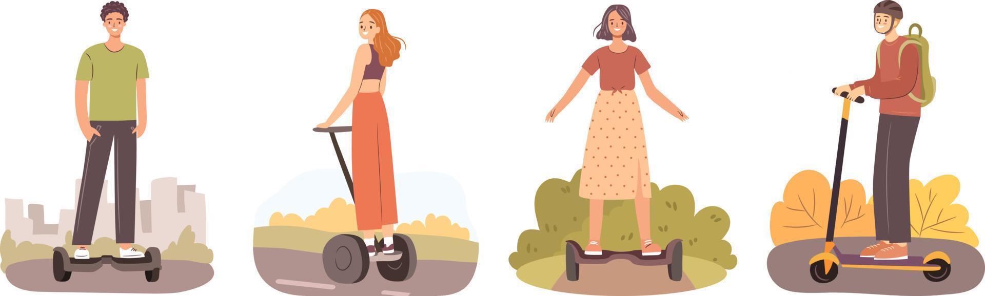 personas en equipo de transporte eléctrico. chicas y chicos felices montando vehículos urbanos individuales. ilustración vectorial plana vector