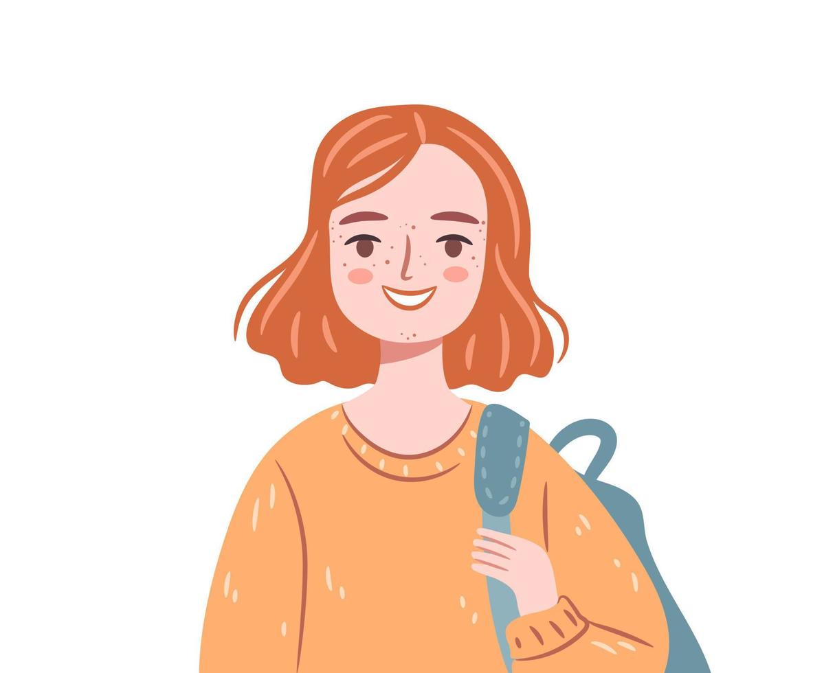 Happy teenager with acne. Red hair student girl with a backpack isolated on white background. Flat vector illustration.