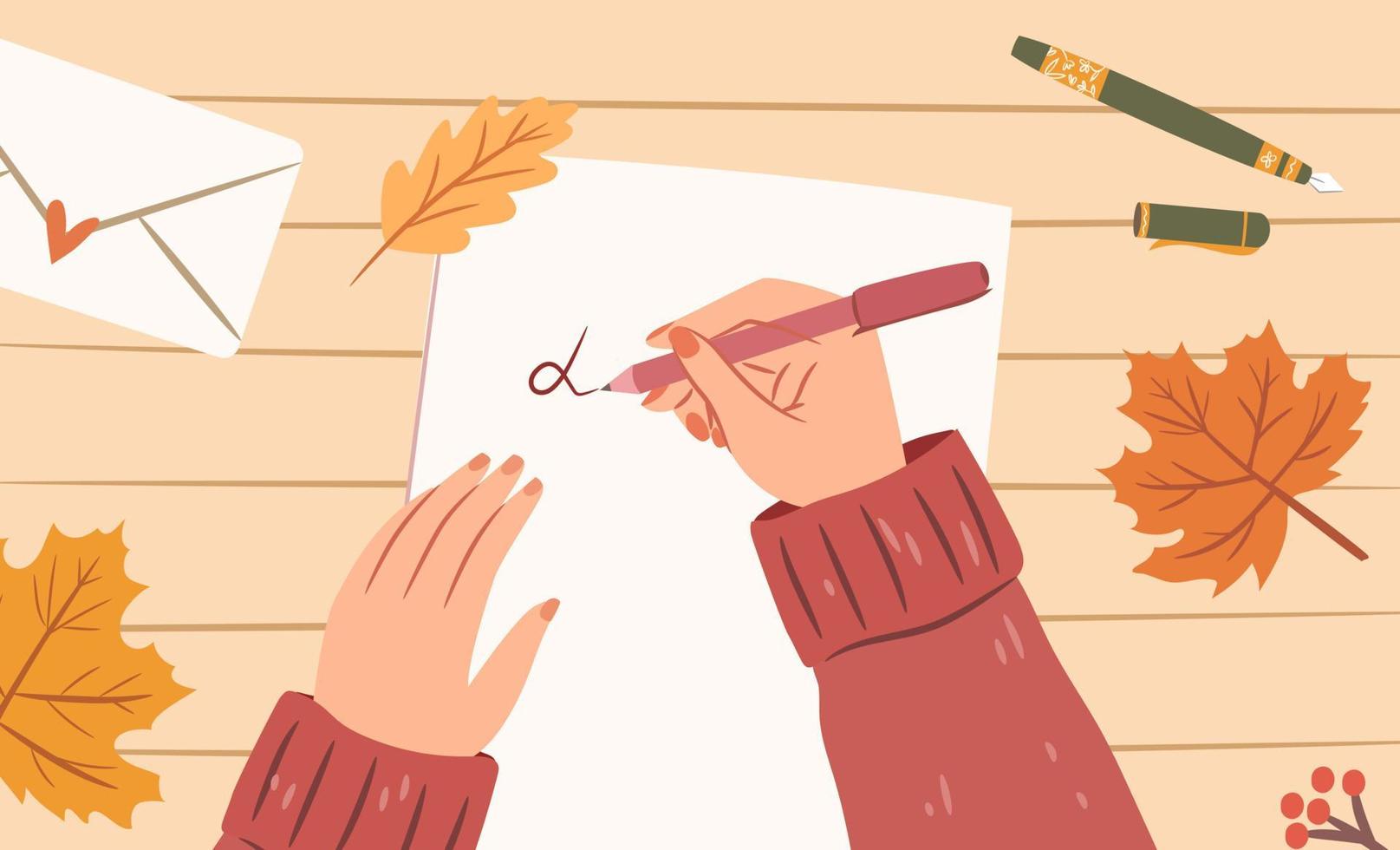 Woman hands with pen writing letter on a paper sheet. Top view. Autumn maple leaves on desk, letter envelope, pens. Cozy autumn illustration. Flat vector design.