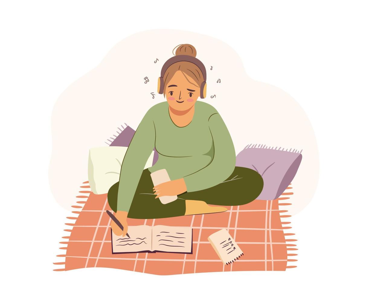 Woman writing on cozy blanket, with pillows, notebook and headphones. Girl listening to music and studying. Hygge home atmosphere. Flat vector illustration