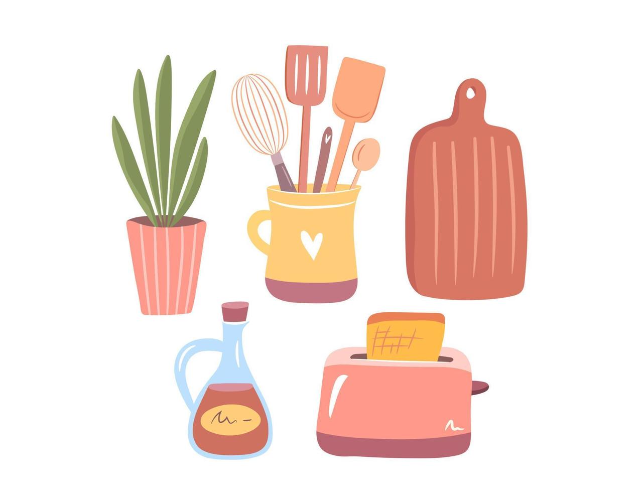 Cozy kitchenware set. Isolated kitchen tools collection - utensils, toaster, cutting board, saucepan, plant. Cute hand drawn vector illustration in flat style.