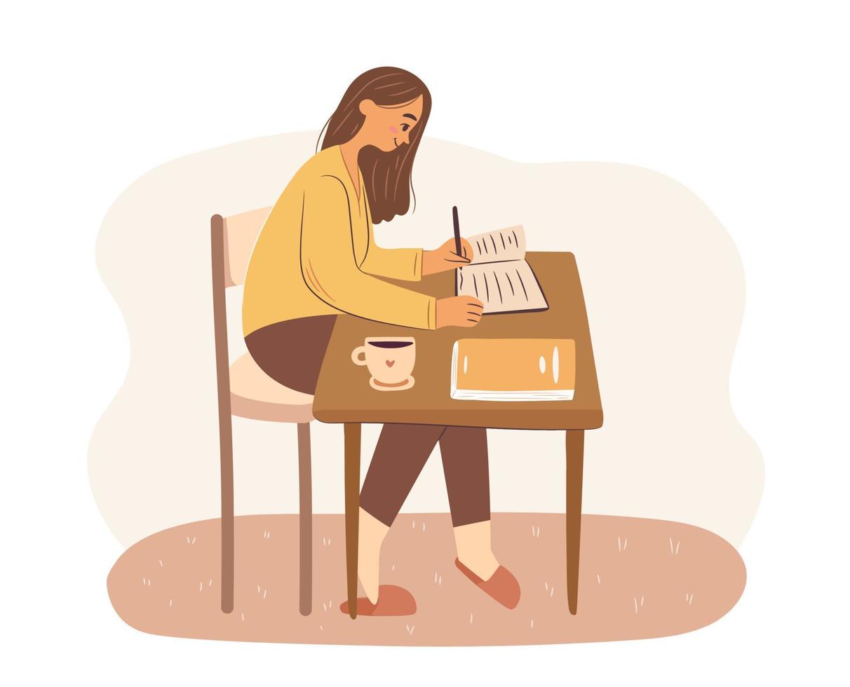 Woman at desk isolated. Young female working or studying at home or office table. Girl writing notes in notebook, studying. Home schooling. Hand drawn vector illustration