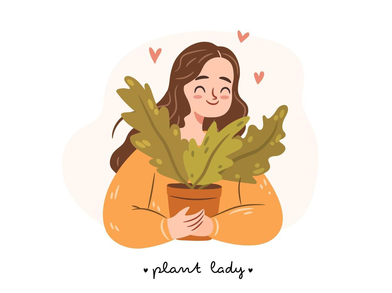 Happy plant lady. Young woman plant lover embracing a potted houseplant. Cute girl character on white background. Flat vector illustration