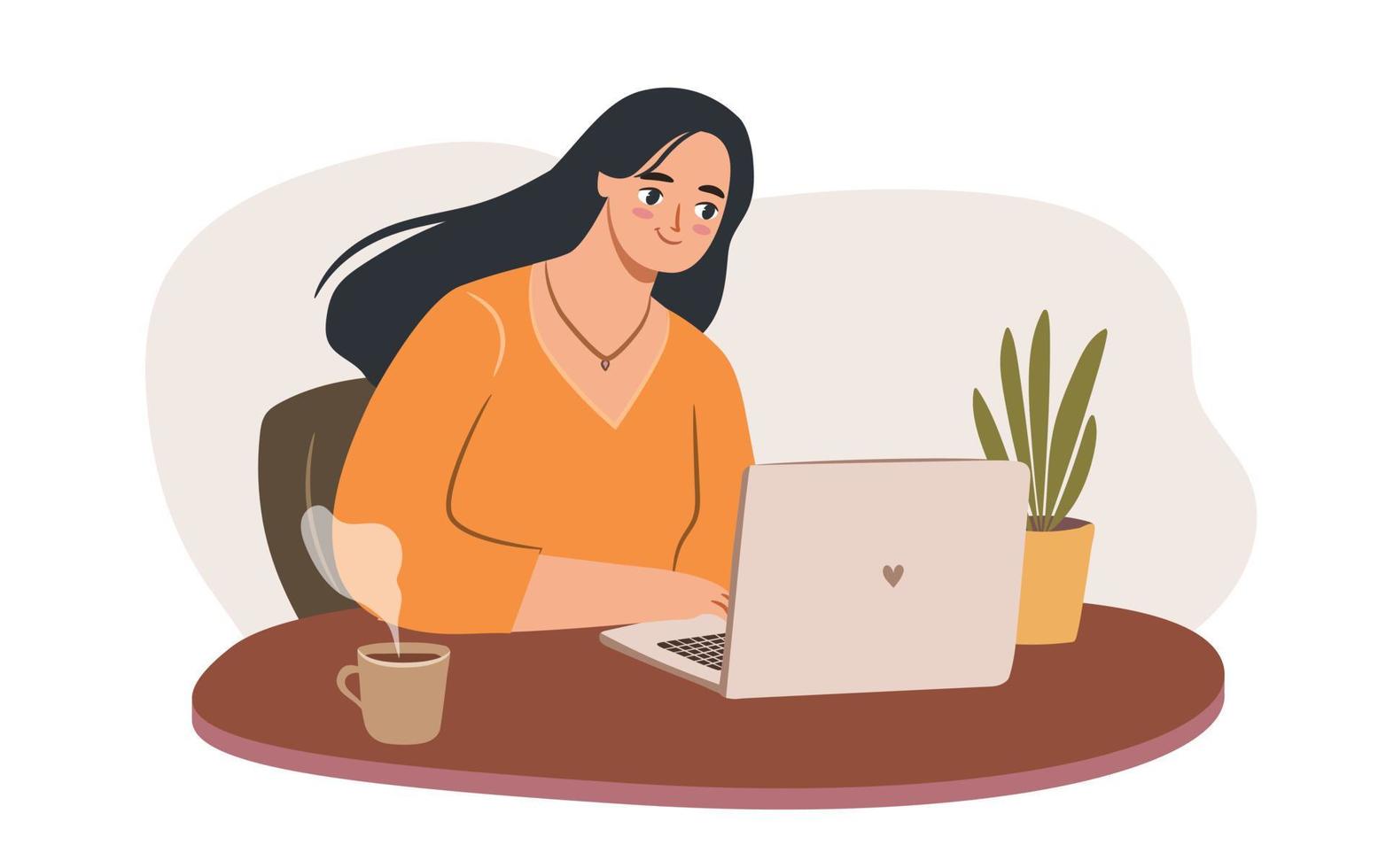 conjunto de mujeres con computadoras portátiles en casa. mujer de negocios empoderada o trabajadora independiente que trabaja en una computadora en casa o en un café. ilustración vectorial plana. vector