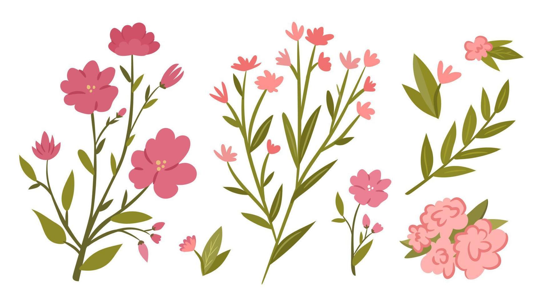 Pink flower and branch set. Collection of cute flower branches and leaves. Flat vector illustration