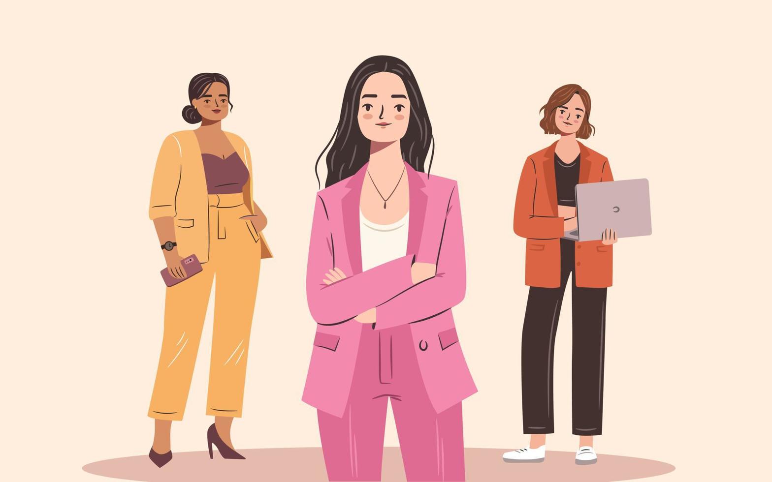 Confident business woman set. Young empowered women in stylish suits. Flat vector character illustration.