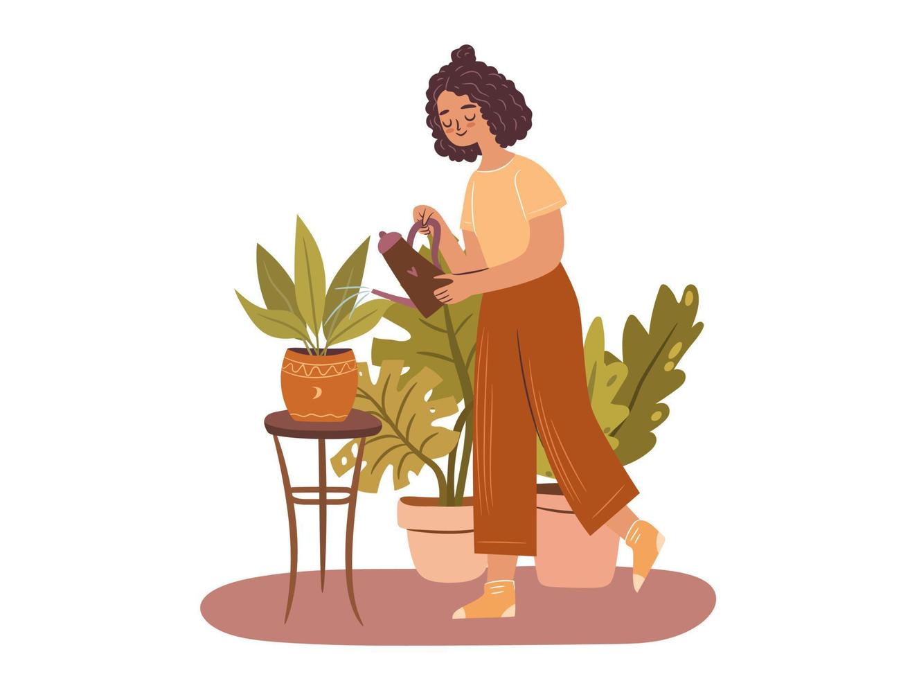 Happy plant lady. Young Afro-American woman plant lover taking care of houseplant. Girl watering a potted plant. Flat vector illustration on white background