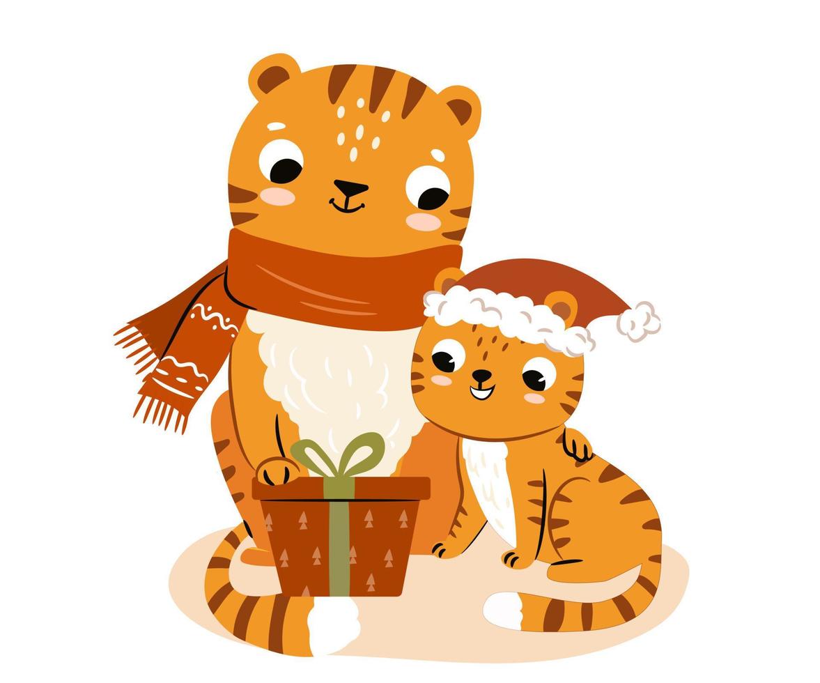 Cute tigers with new year present. Mom and baby tiger in winter scarf and christmas hat. Isolated flat characters on white background vector