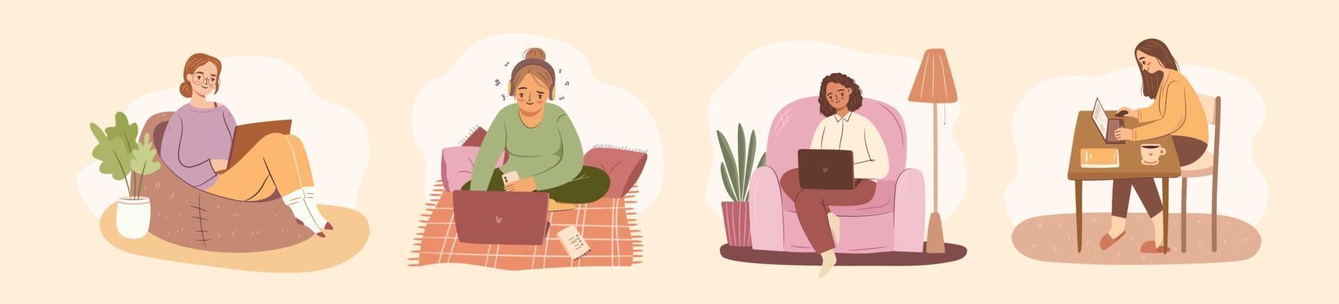 Set of women with laptops at home. Empowered business woman or freelancer working on computer at home or cafe. Flat vector illustration hand-drawn.