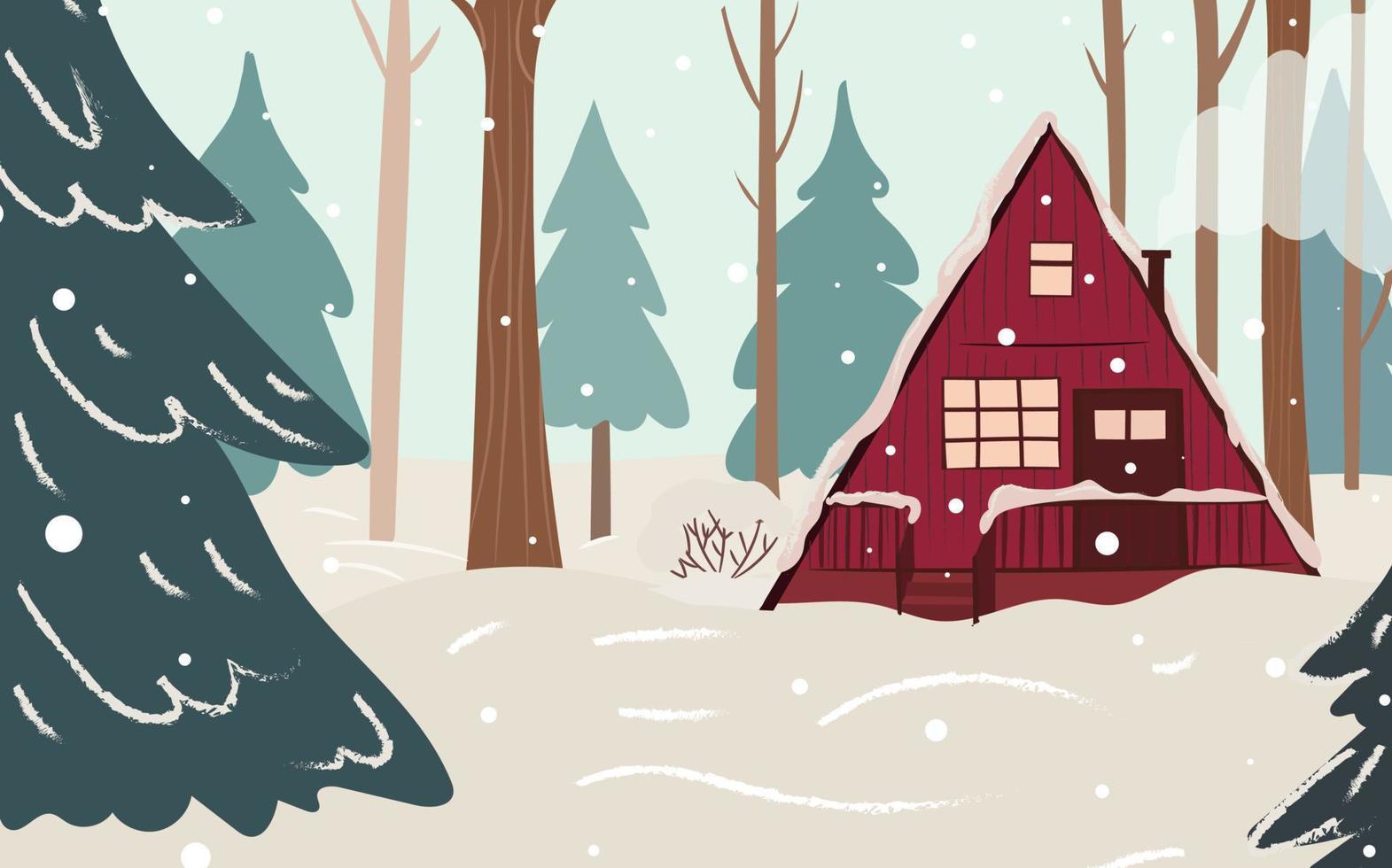 Cozy winter background. Cabin in the woods. Christmas card design. Flat vector illustration.