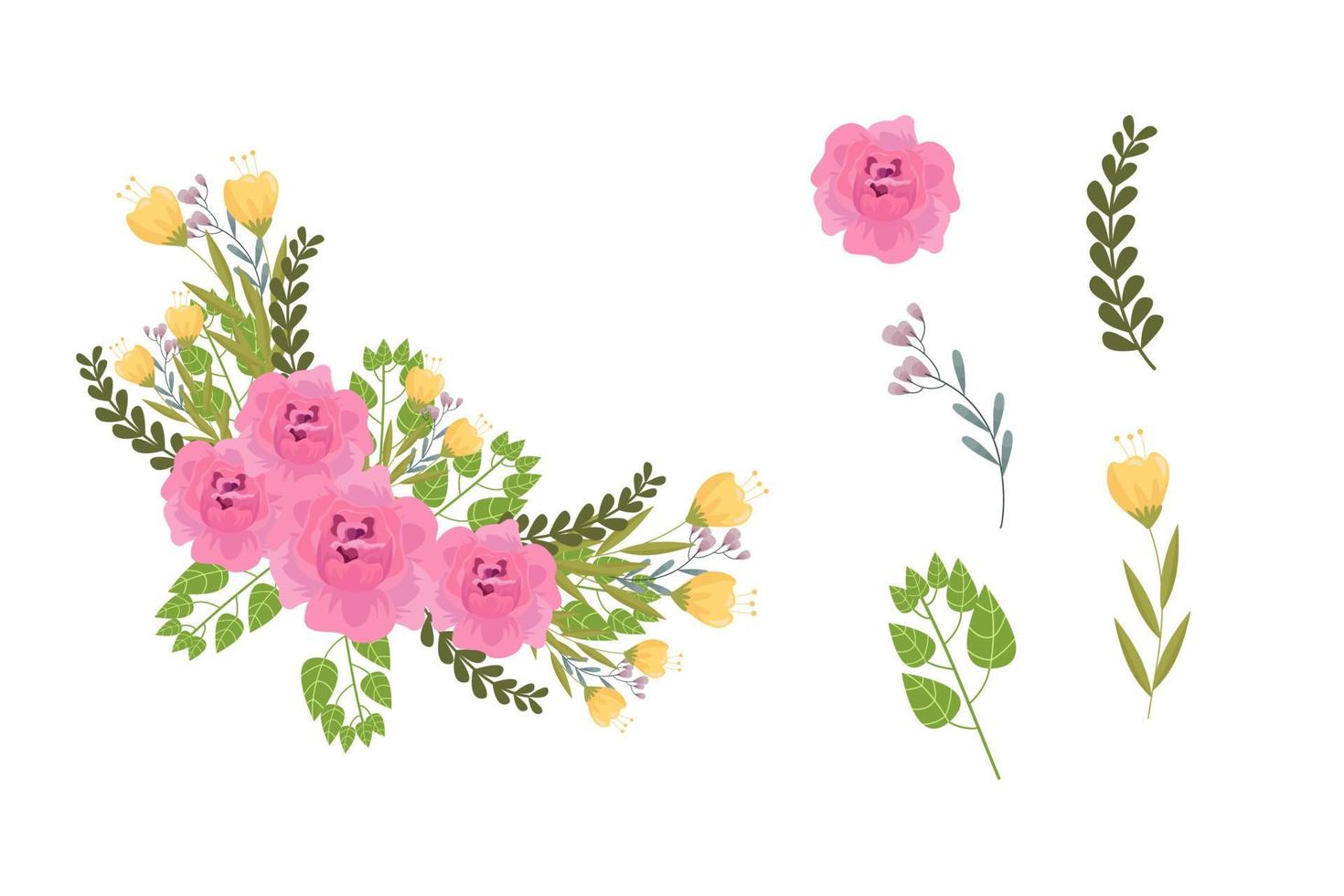 Set of pink floral elements and arrangements vector
