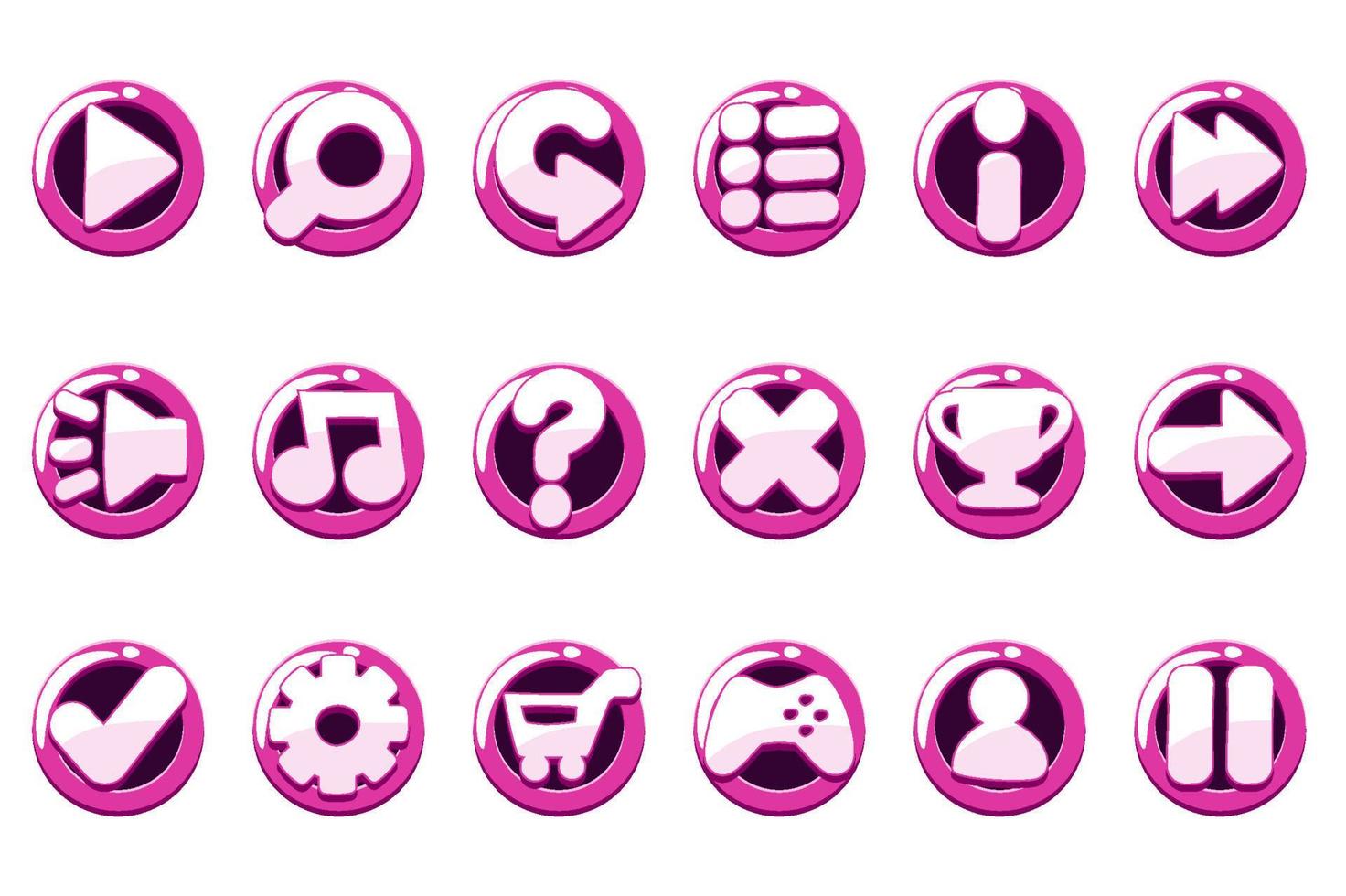 Set of glossy purple game buttons for interface. Round icons for website or interface. vector