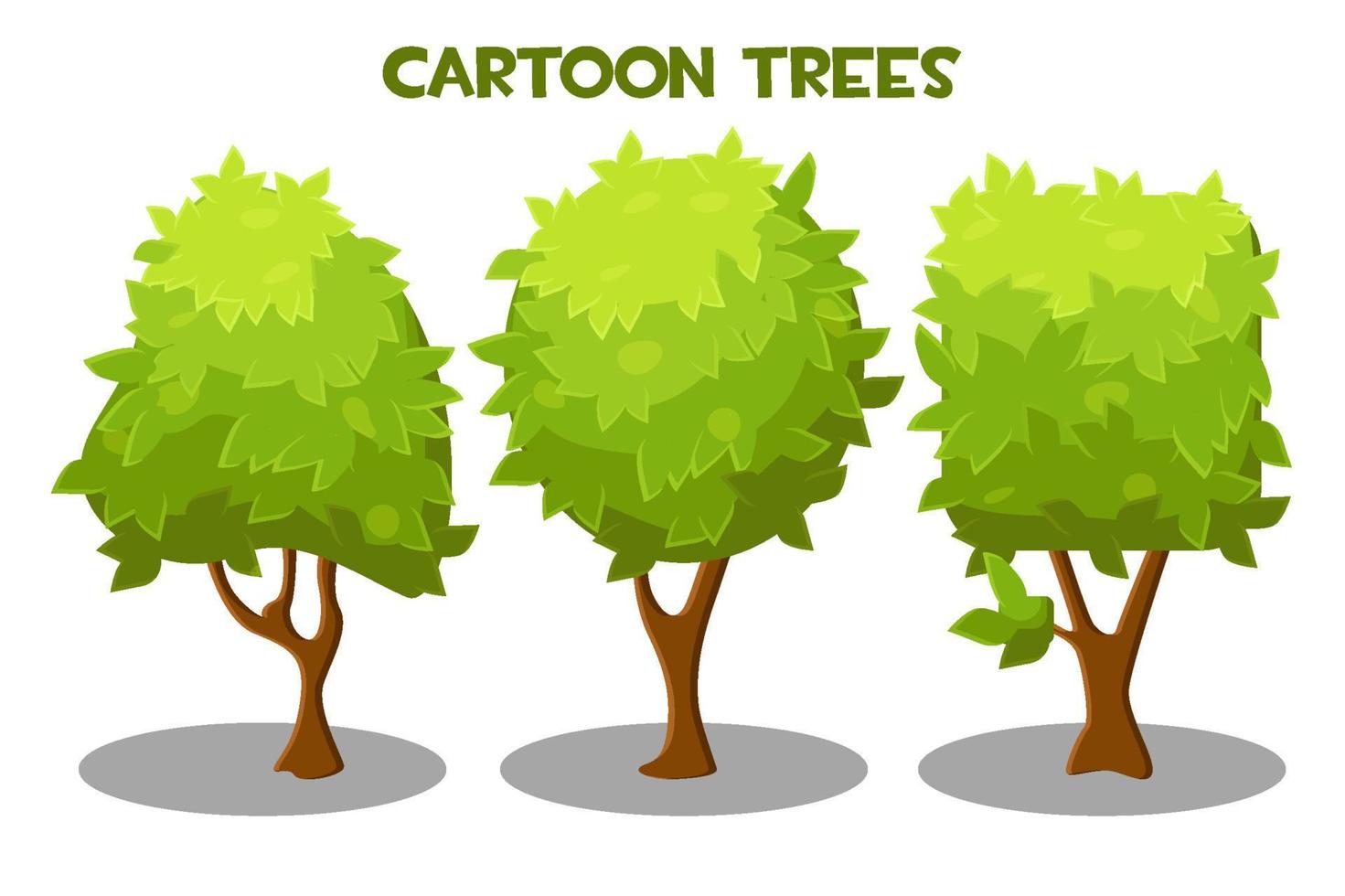 Vector illustration of a set of green trees of different shapes. Collection of isolated trees with green leaves.