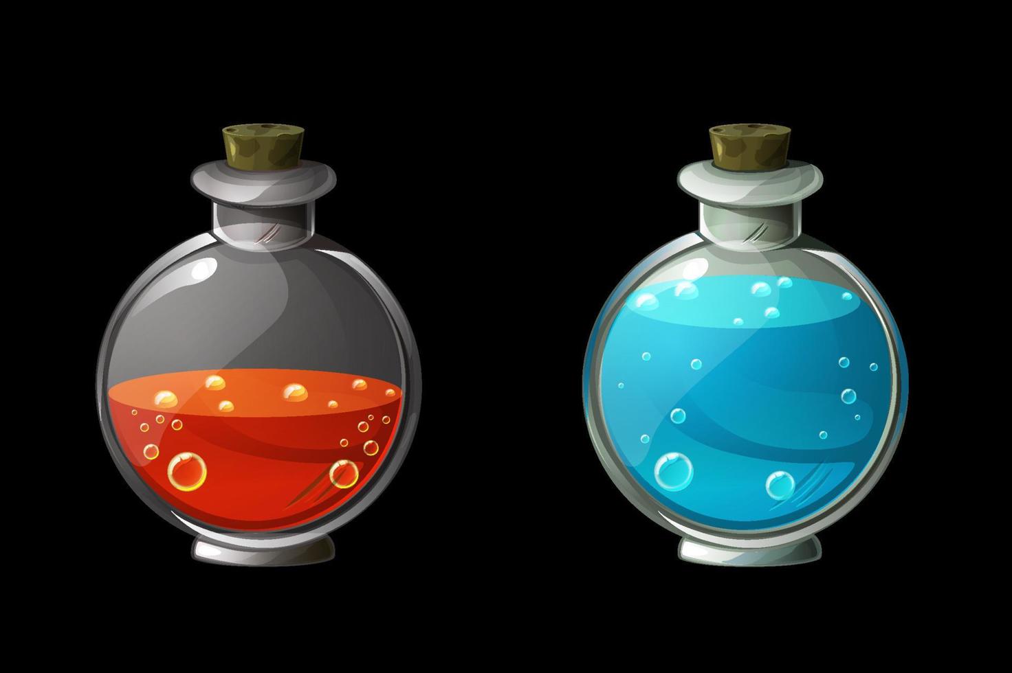 conjunto de pociones mágicas brillantes en botellas de vidrio. veneno o elixir en frascos. vector