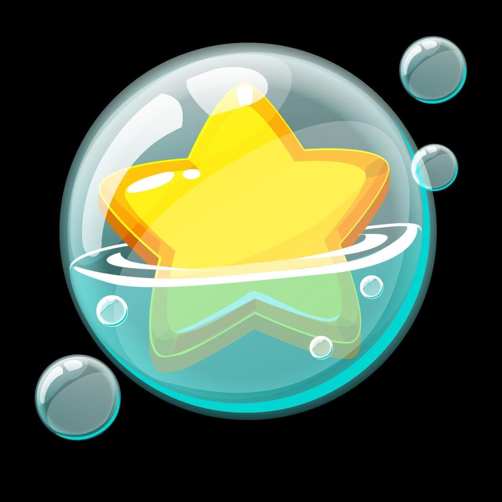 linda estrella amarilla en una gran burbuja de jabón. icono de burbuja de dibujos animados y forma de estrella. vector