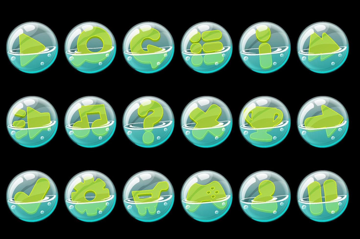 Set of green buttons in soap bubbles for the interface. A collection of bubbles with options for the game. vector