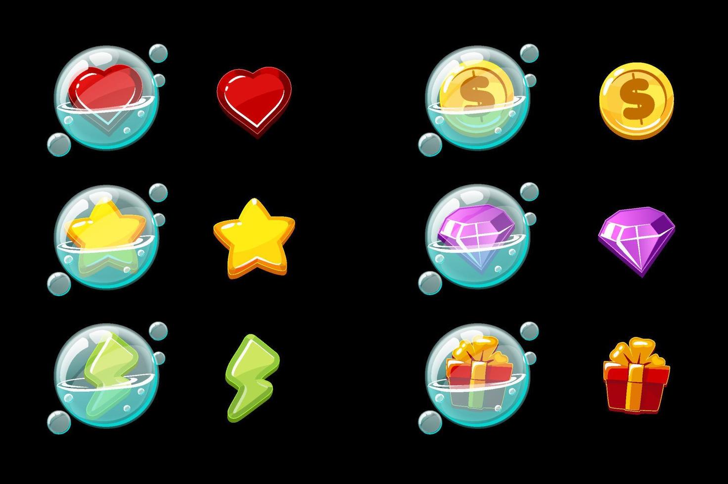 conjunto de iconos de juego aislados vectoriales en burbujas. pompas de jabón con objetos para la interfaz o el menú del juego. vector
