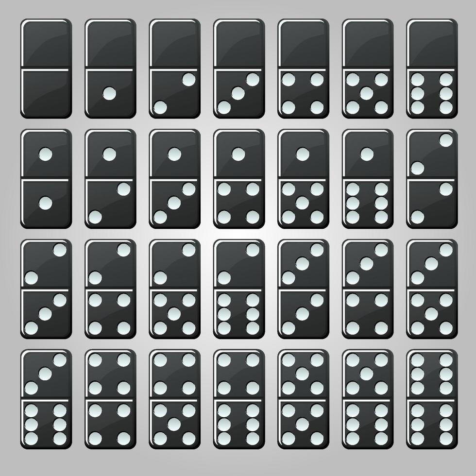 Vector set of isolated black classic dominoes for the game. Collection of simple domino chips.