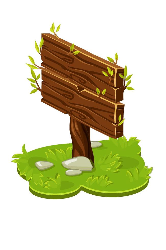 Vector wooden board pointer in isometric with branches. Illustration of a green lawn with grass.