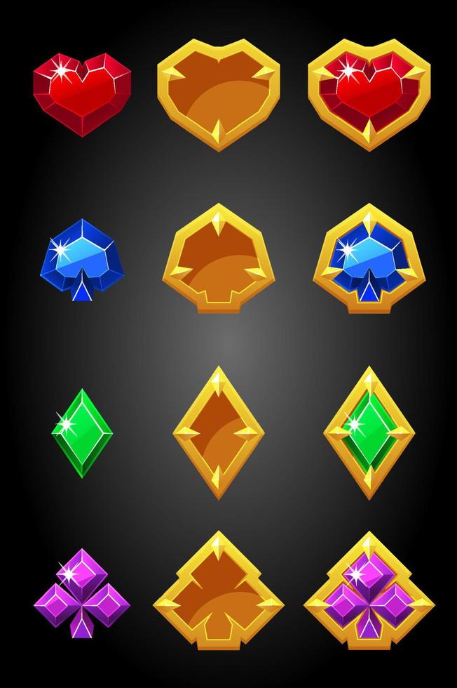 Vector set of game card suits icons constructor. Poker symbols, golden gambling badges.