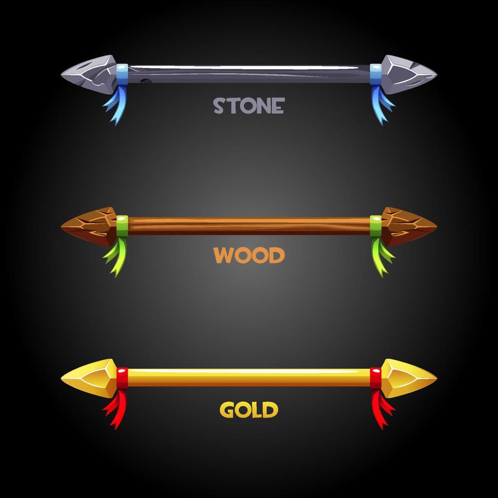 Gold, wooden, stone spears with a ribbon for the flag. Vector set of icons of old weapons for the game.