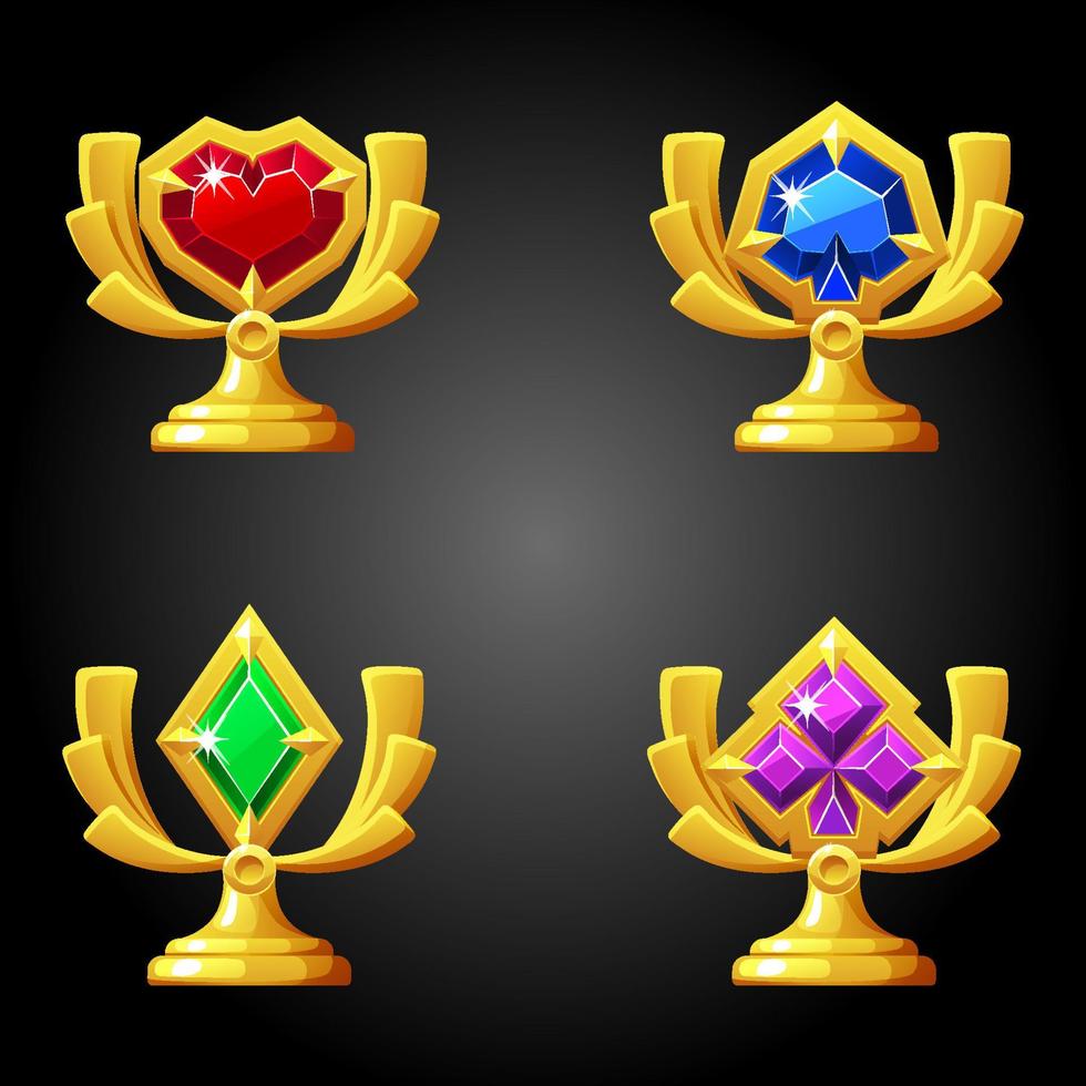 Poker gold awards with card suits to play. Vector set of casino awards icons with gems.