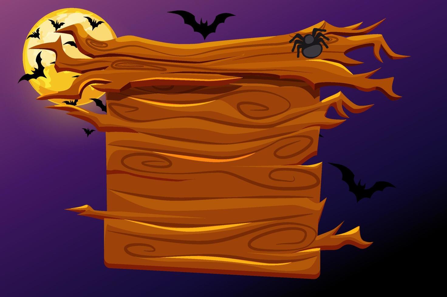 Game wooden banner, scary Halloween holiday background. Vector illustration of cartoon board with moon and bats.