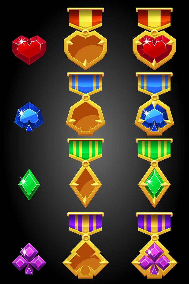 Constructor of symbols of game cards for creating a medal. Vector set of gems card suits for reward.