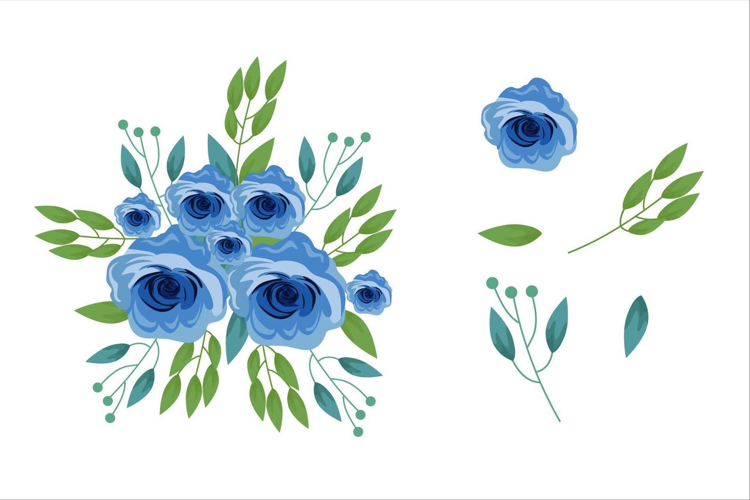 conjunto de flores azules y clipart de hoja verde aislado vector