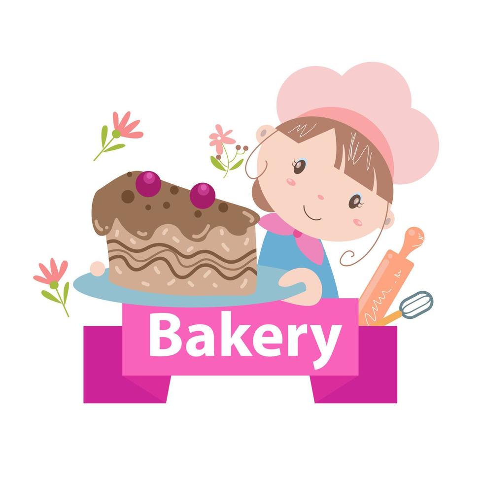 Bakery logo vector illustration with cute girl cartoon art