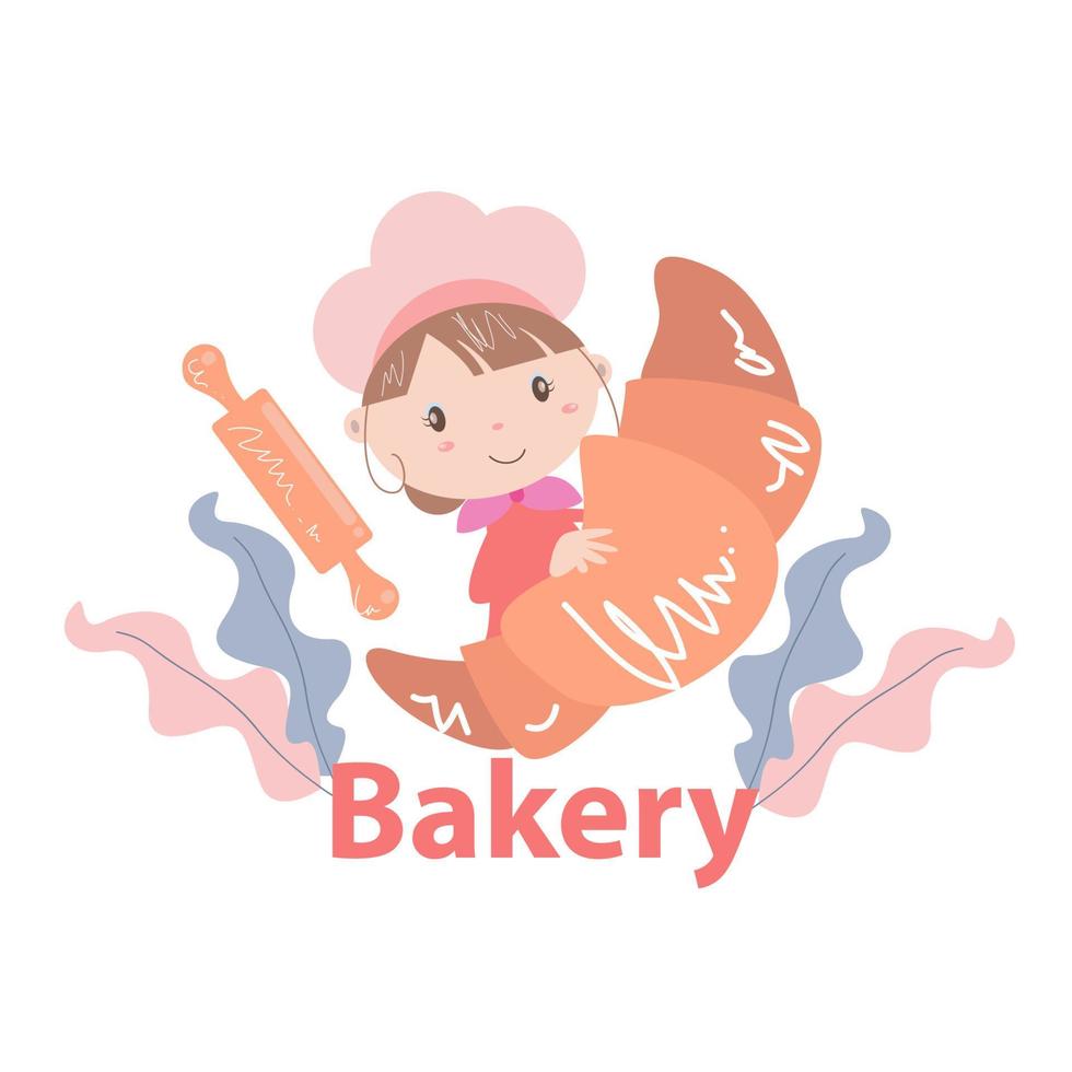 ilustración de vector de logotipo de panadería con arte de dibujos animados de niña linda