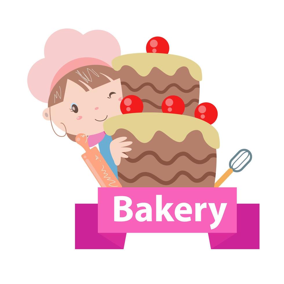 ilustración de vector de logotipo de panadería con arte de dibujos animados de niña linda
