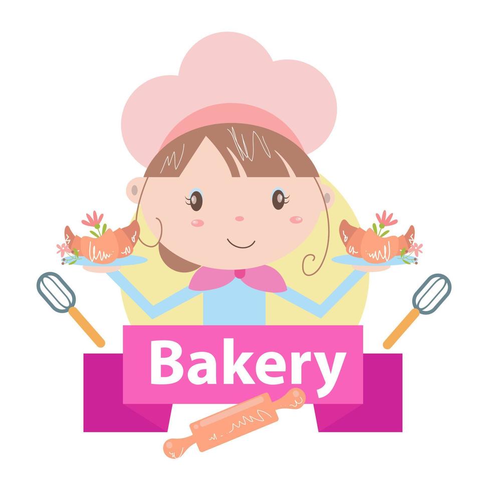 Bakery logo vector illustration with cute girl cartoon art