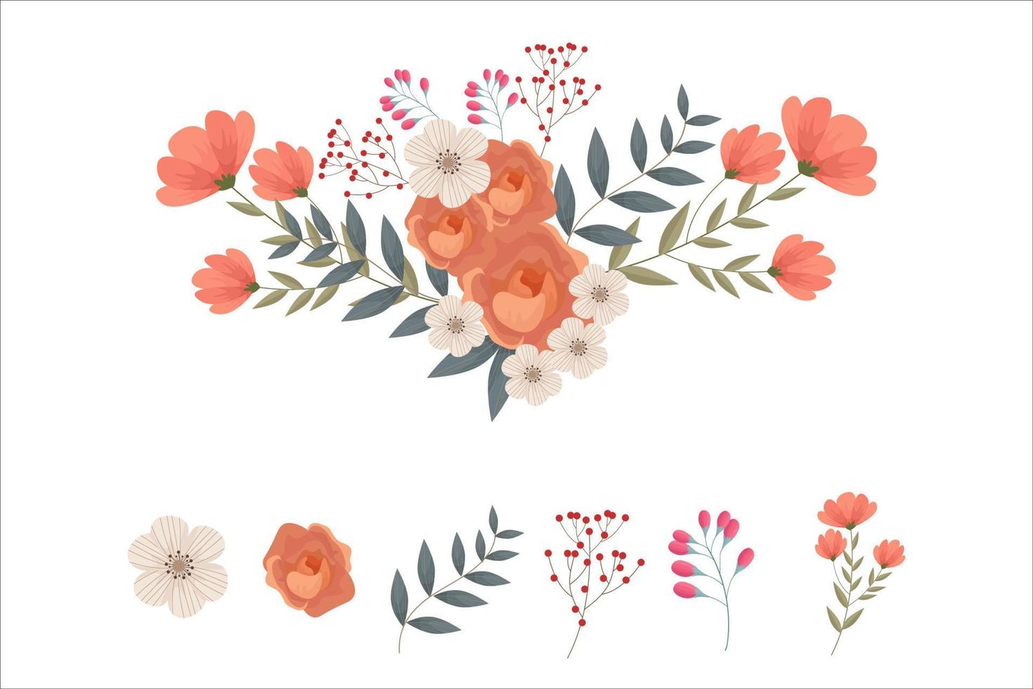 Set of brown floral elements and arrangements vector