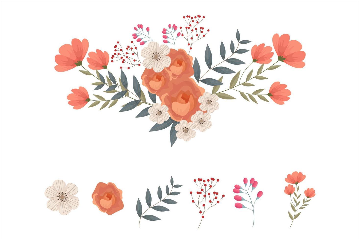 conjunto de elementos y arreglos florales marrones vector