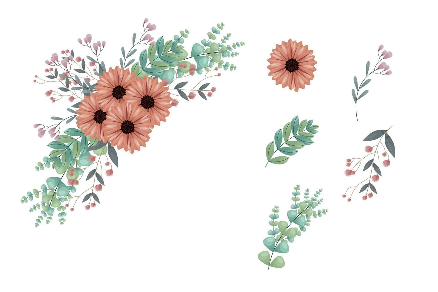 conjunto de elementos y arreglos florales marrones vector