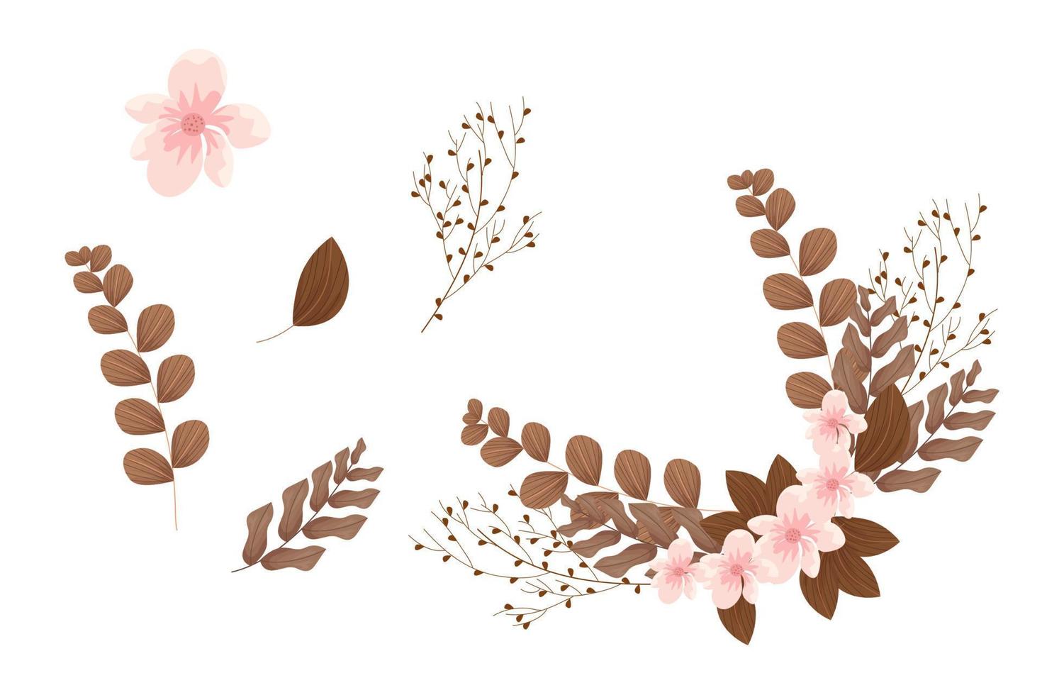 Set of pink floral elements and arrangements vector