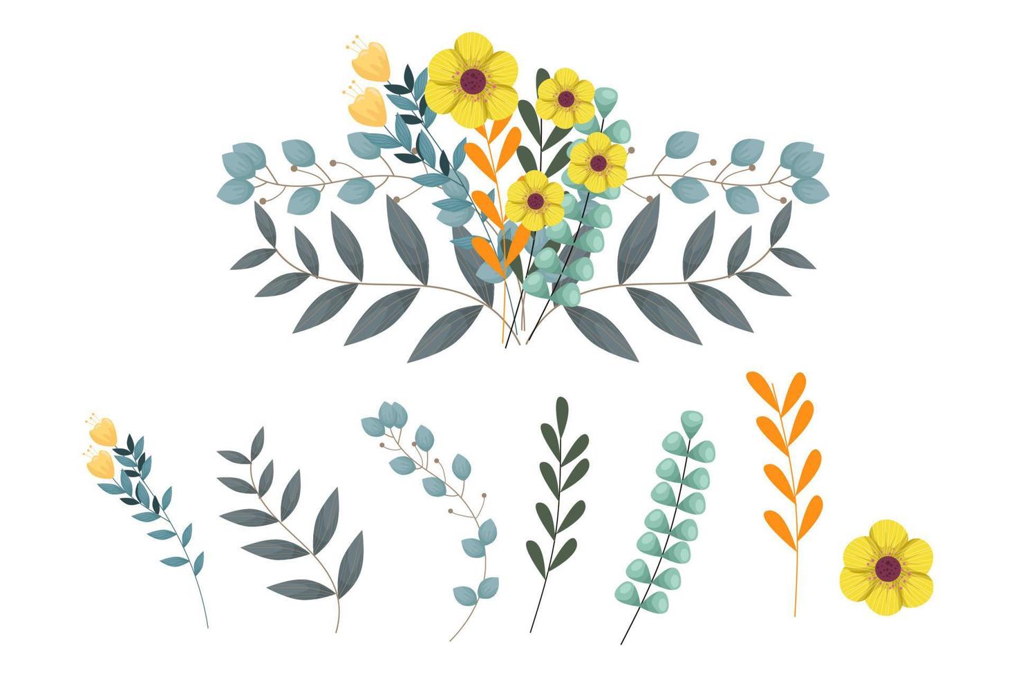 A variety of colorful arrangements of beautiful leaves and flowers vector