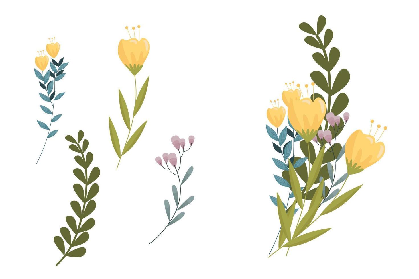 Set of yellow floral elements and arrangements vector