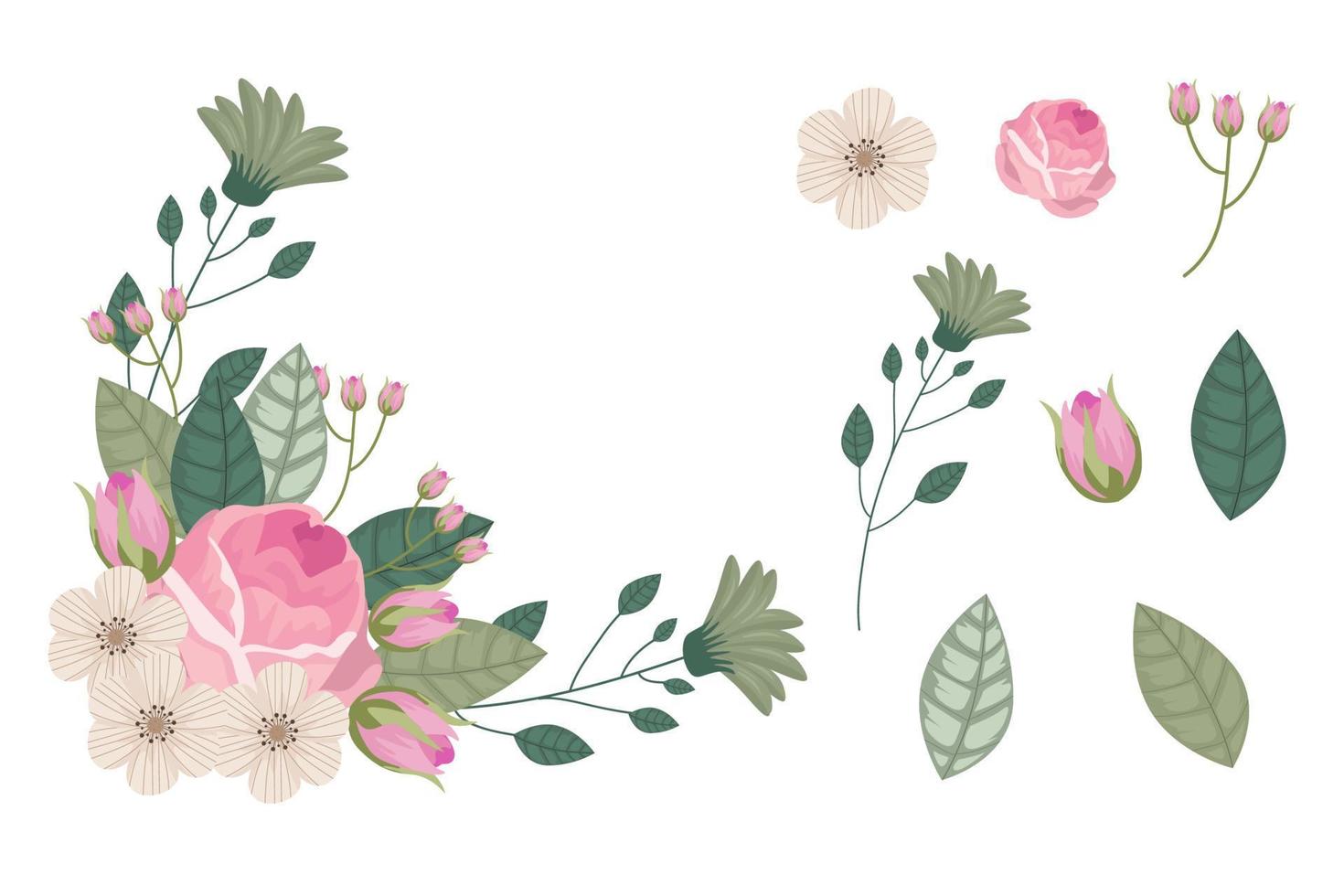 Set of pink brown floral elements and arrangements vector