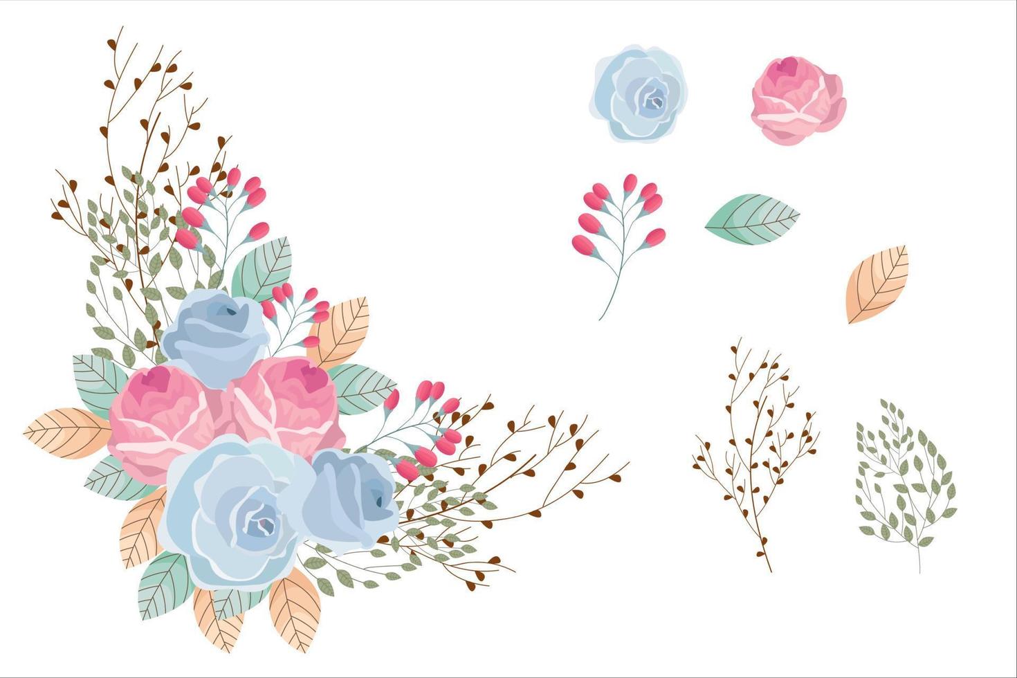 Set of blue pink flowers and green brown leaf clipart isolated vector