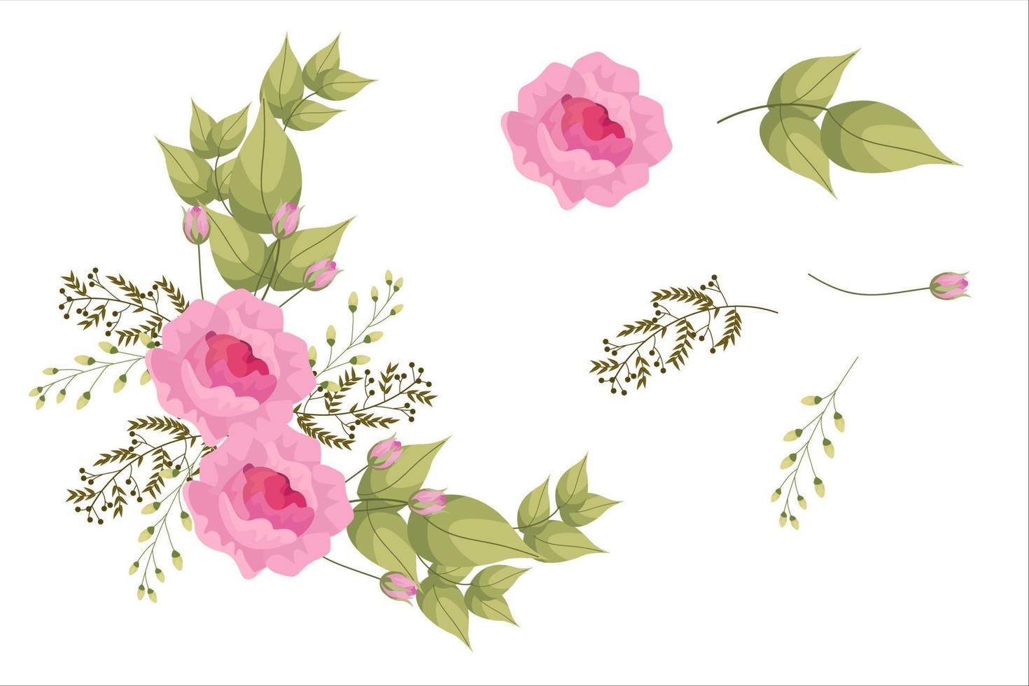 conjunto de flores rosas y clipart de hoja verde aislado vector