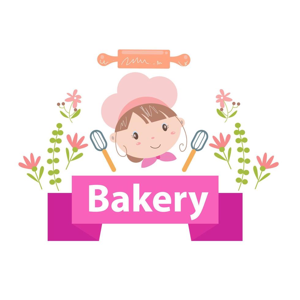 ilustración de vector de logotipo de panadería con arte de dibujos animados de niña linda