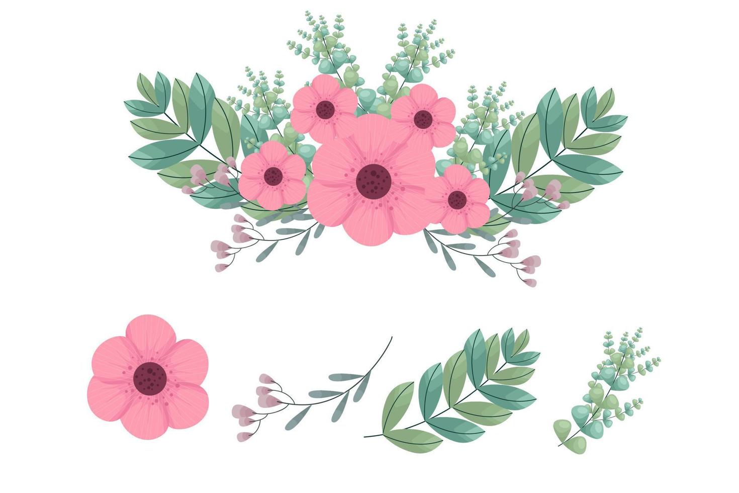 Set of pink floral elements and arrangements vector