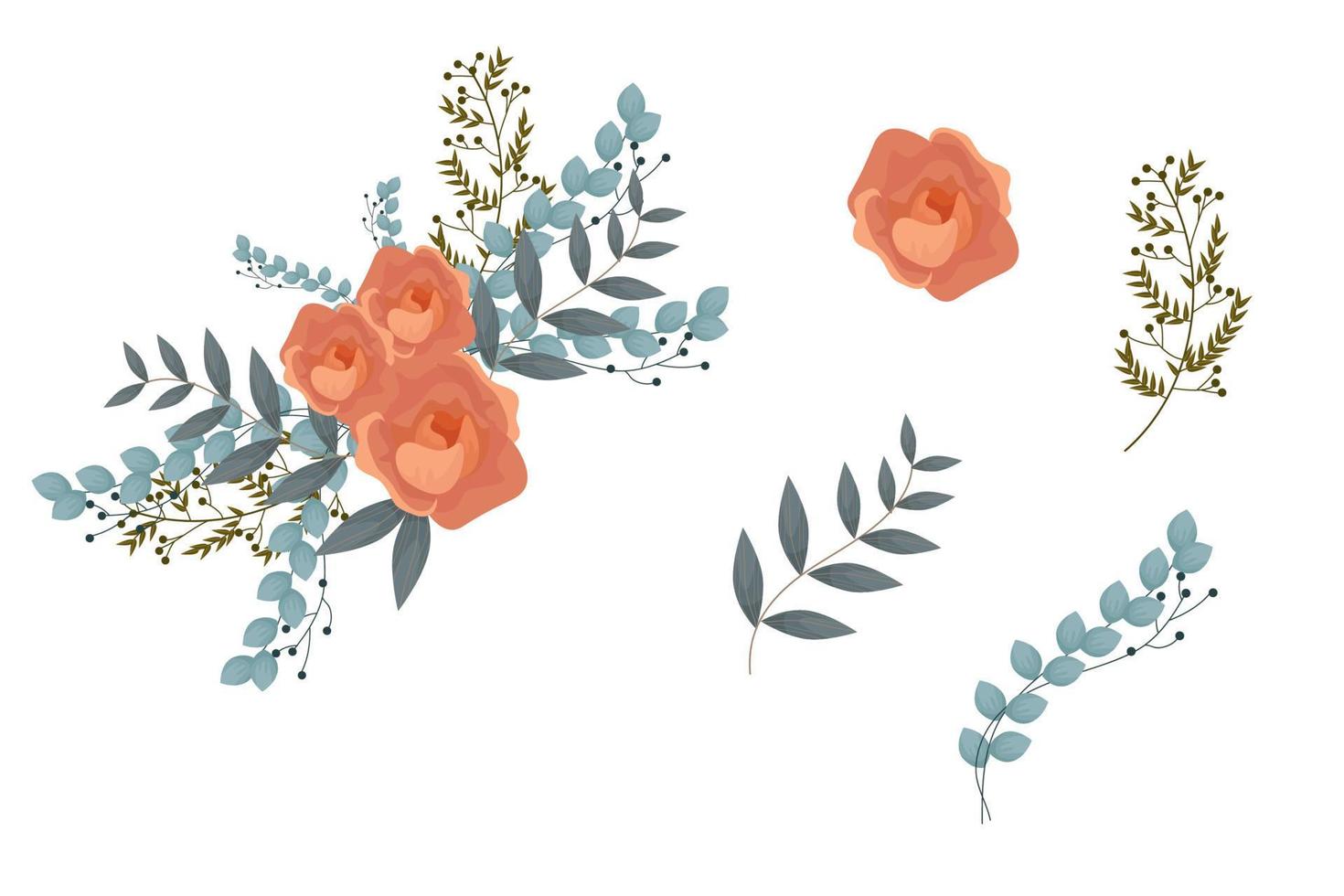 Set of brown floral elements and arrangements vector