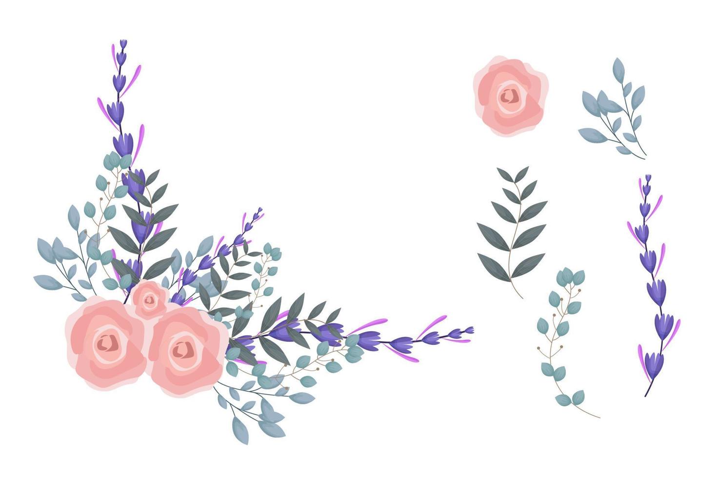 Set of pink floral elements and arrangements vector