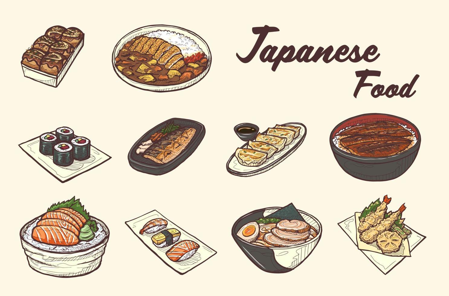 elementos famosos del arte de la comida japonesa vector